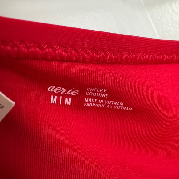 Aerie Bikini Swimsuit Triangle Top Tie Back Cheeky Bottom Black Red Bra Padding - Picture 14 of 16